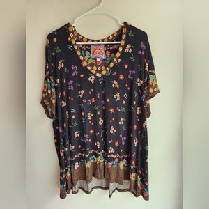 Johnny Was Nani Favorite Short Sleeve V-Neck Swing Tee Multicolor Floral 3X Plus